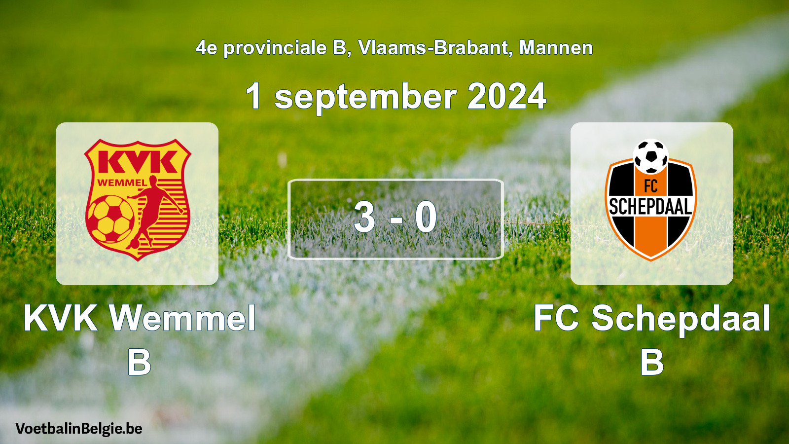 Gespeelde wedstrijd mannenvoetbal: KVK Wemmel B - FC Schepdaal B 3 - 0 (1 september 2024)