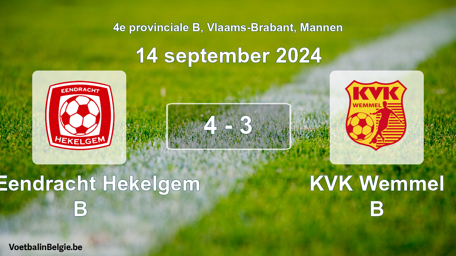 Gespeelde wedstrijd mannenvoetbal: FC Eendracht Hekelgem B - KVK Wemmel B 4 - 3 (14 september 2024)