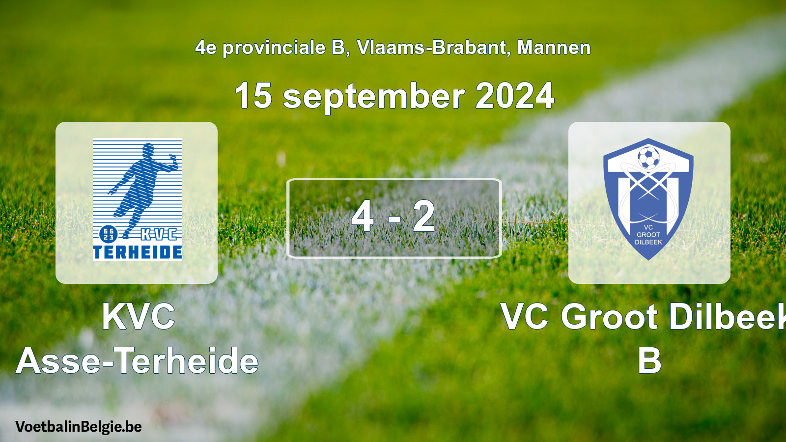 Gespeelde wedstrijd mannenvoetbal: KVC Asse-Terheide - VC Groot Dilbeek B 4 - 2 (15 september 2024)