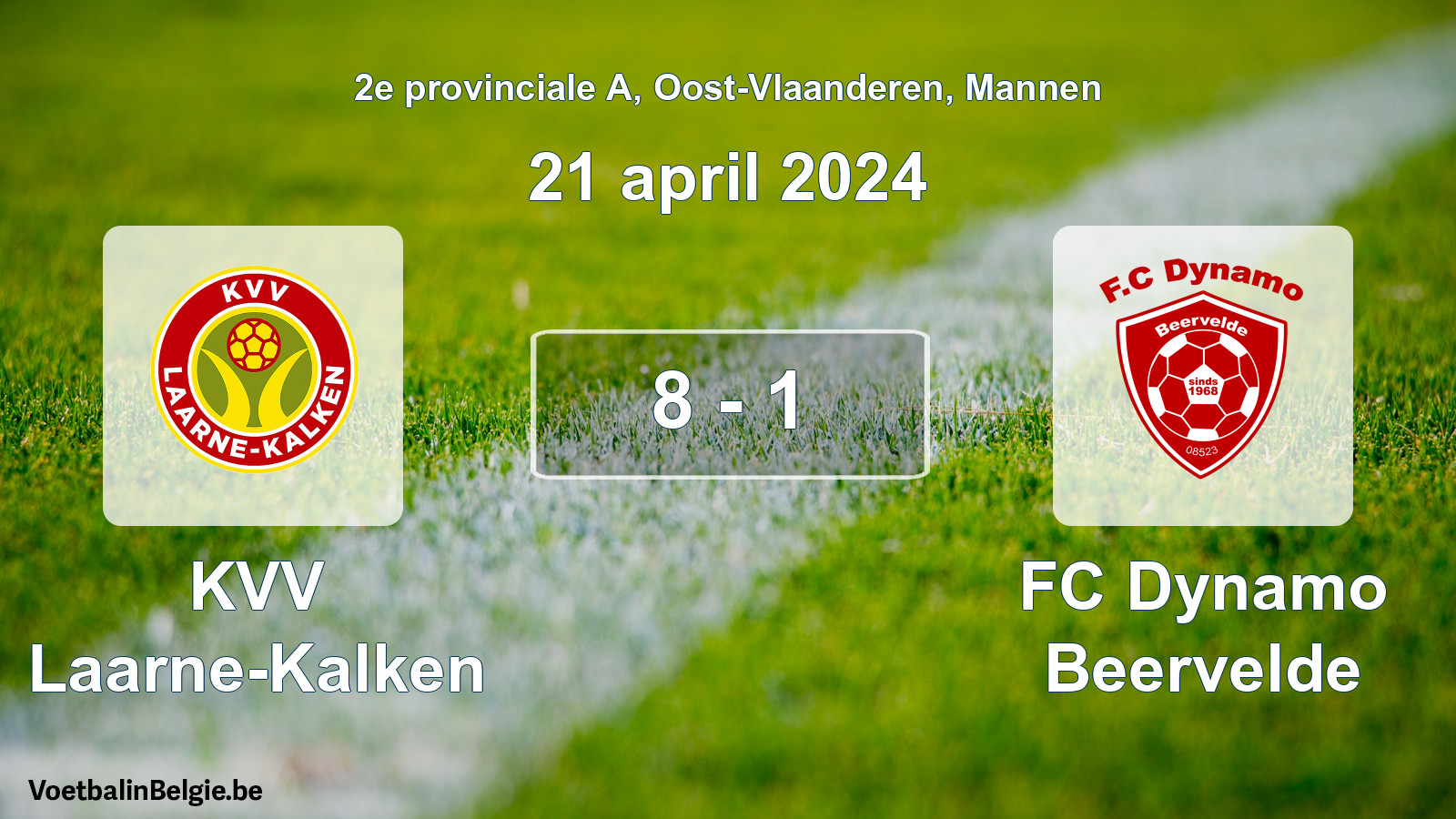 Gespeelde wedstrijd mannenvoetbal: KVV Laarne-Kalken - FC Dynamo Beervelde 8 - 1 (21 april 2024)