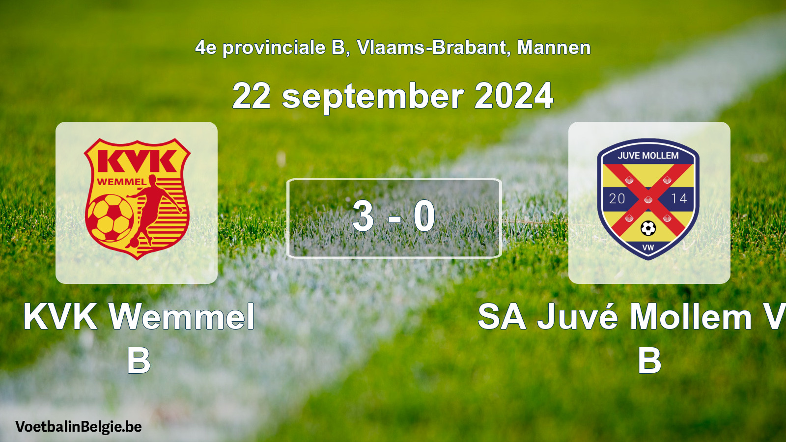 Gespeelde wedstrijd mannenvoetbal: KVK Wemmel B - SA Juvé Mollem VW B 3 - 0 (22 september 2024)