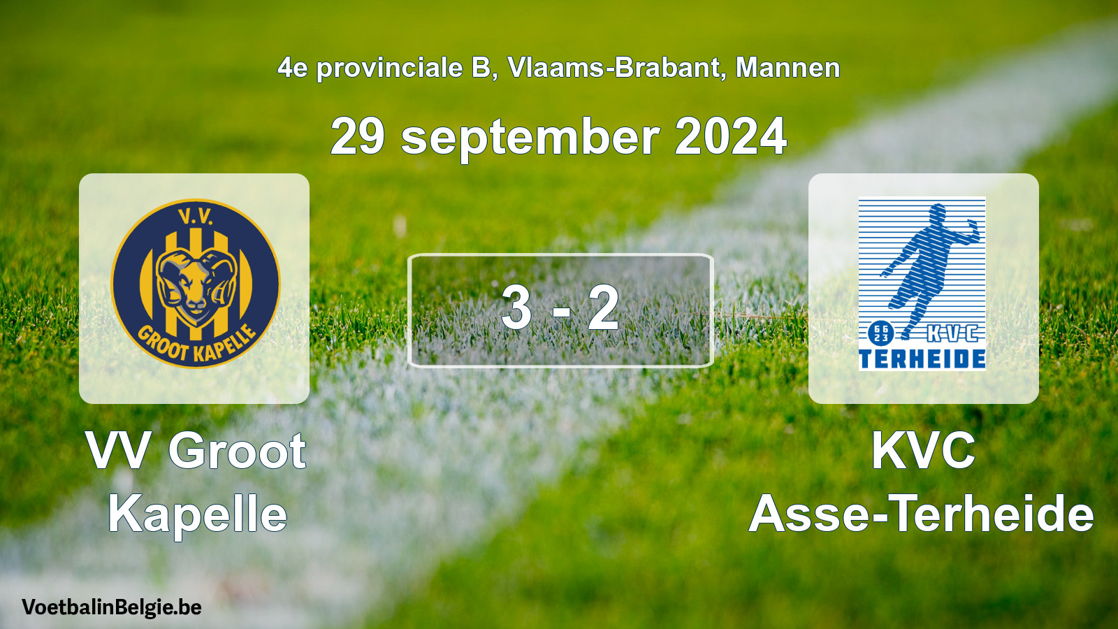 Gespeelde wedstrijd mannenvoetbal: VV Groot Kapelle - KVC Asse-Terheide 3 - 2 (29 september 2024)