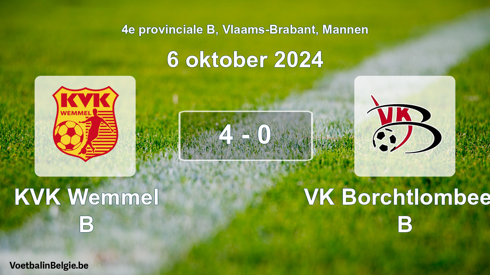 Gespeelde wedstrijd mannenvoetbal: KVK Wemmel B - VK Borchtlombeek B 4 - 0 (6 oktober 2024)