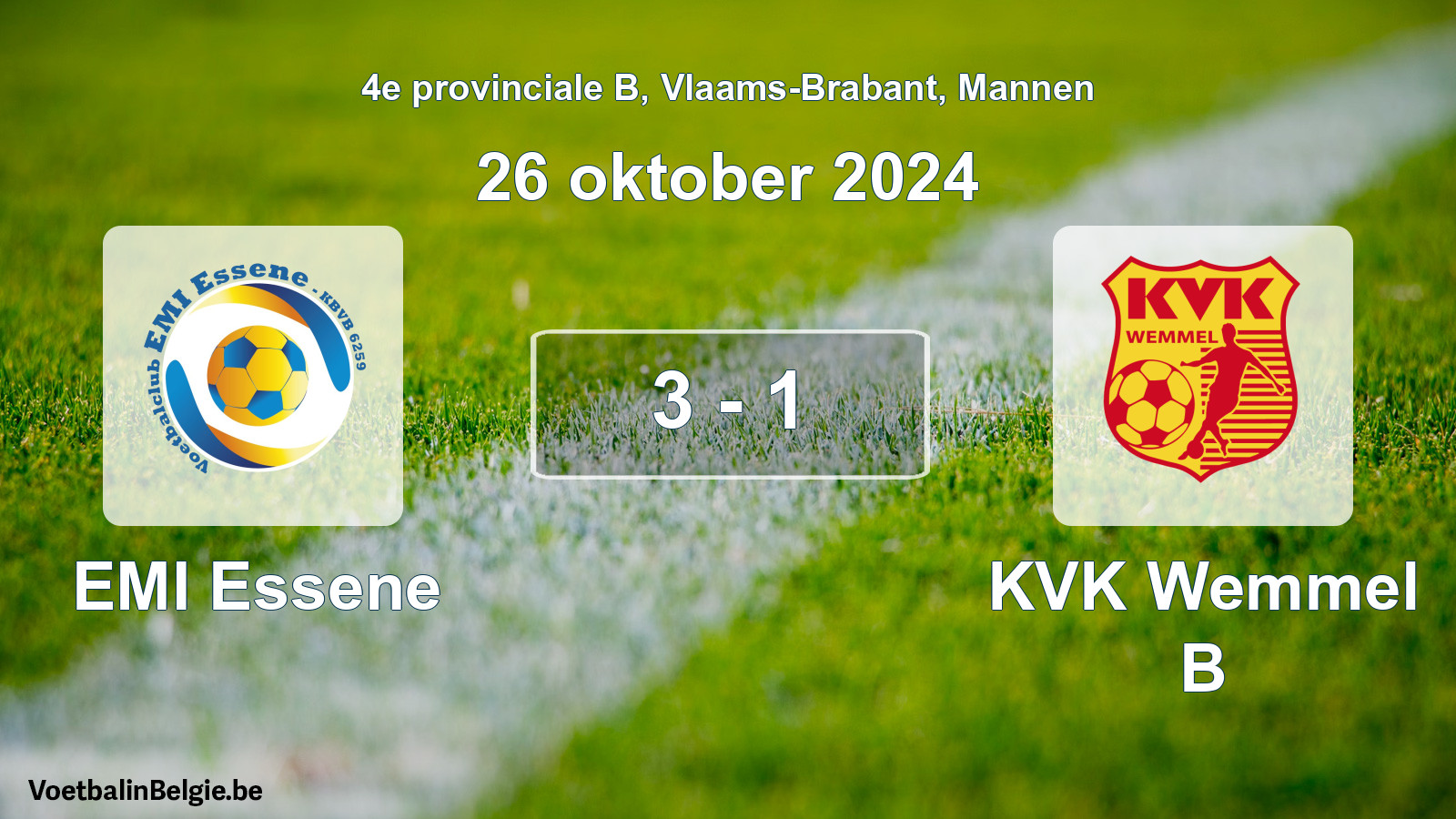 Gespeelde wedstrijd mannenvoetbal: EMI Essene - KVK Wemmel B 3 - 1 (26 oktober 2024)