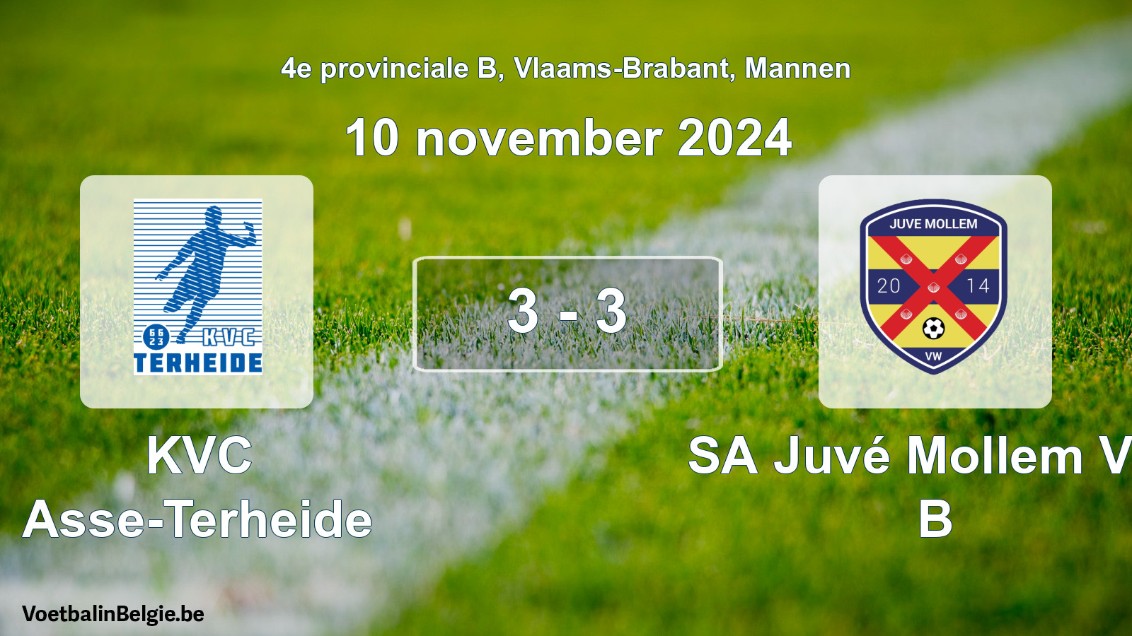 Gespeelde wedstrijd mannenvoetbal: KVC Asse-Terheide - SA Juvé Mollem VW B 3 - 3 (10 november 2024)