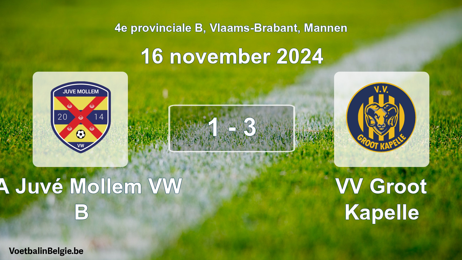 Gespeelde wedstrijd mannenvoetbal: SA Juvé Mollem VW B - VV Groot Kapelle 1 - 3 (16 november 2024)