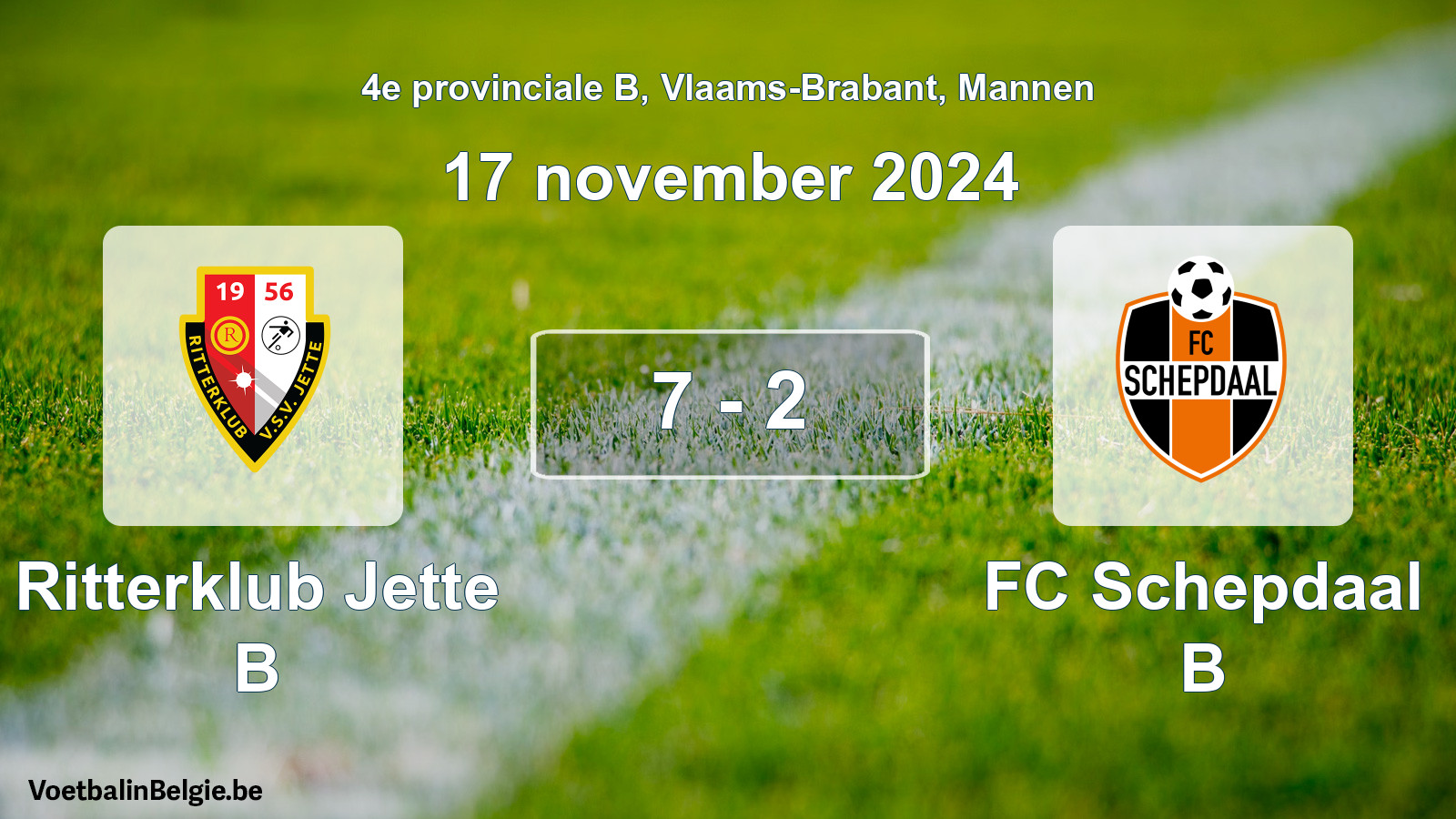 Gespeelde wedstrijd mannenvoetbal: Ritterklub Jette B - FC Schepdaal B 7 - 2 (17 november 2024)