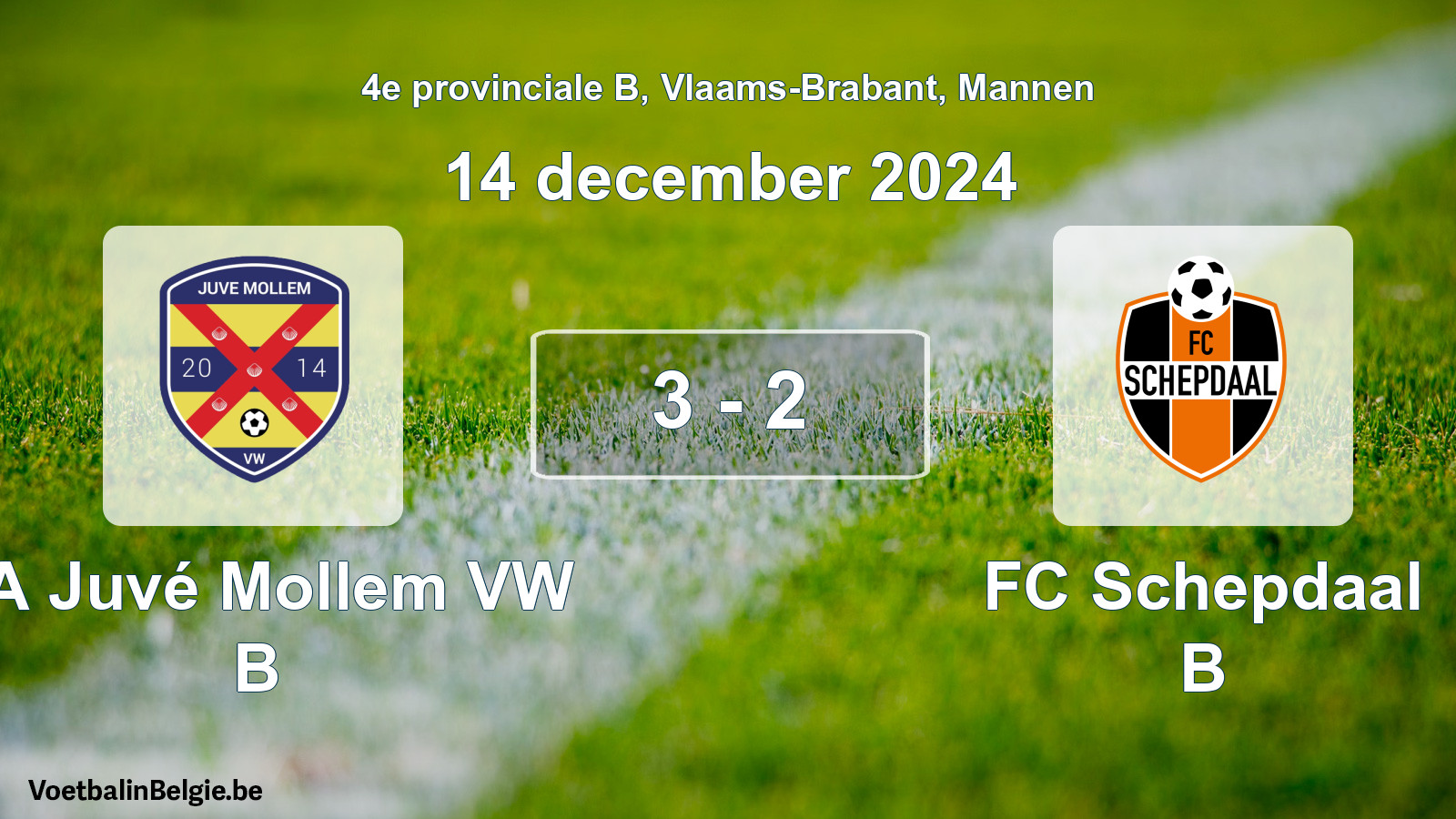 Gespeelde wedstrijd mannenvoetbal: SA Juvé Mollem VW B - FC Schepdaal B 3 - 2 (14 december 2024)