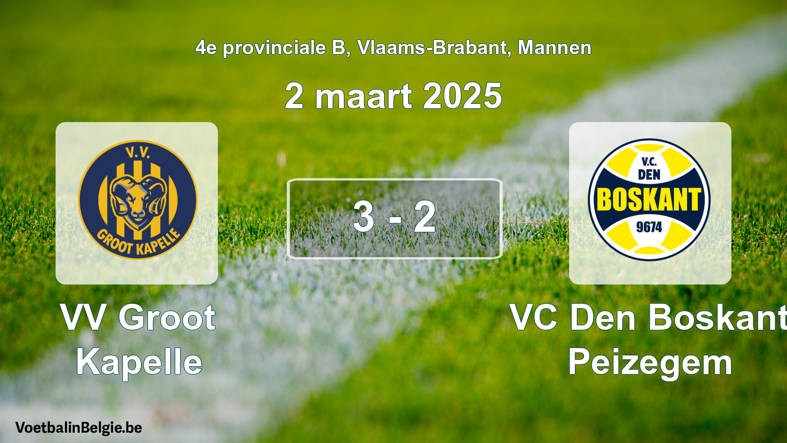 Gespeelde wedstrijd mannenvoetbal: VV Groot Kapelle - VC Den Boskant Peizegem 3 - 2 (2 maart 2025)