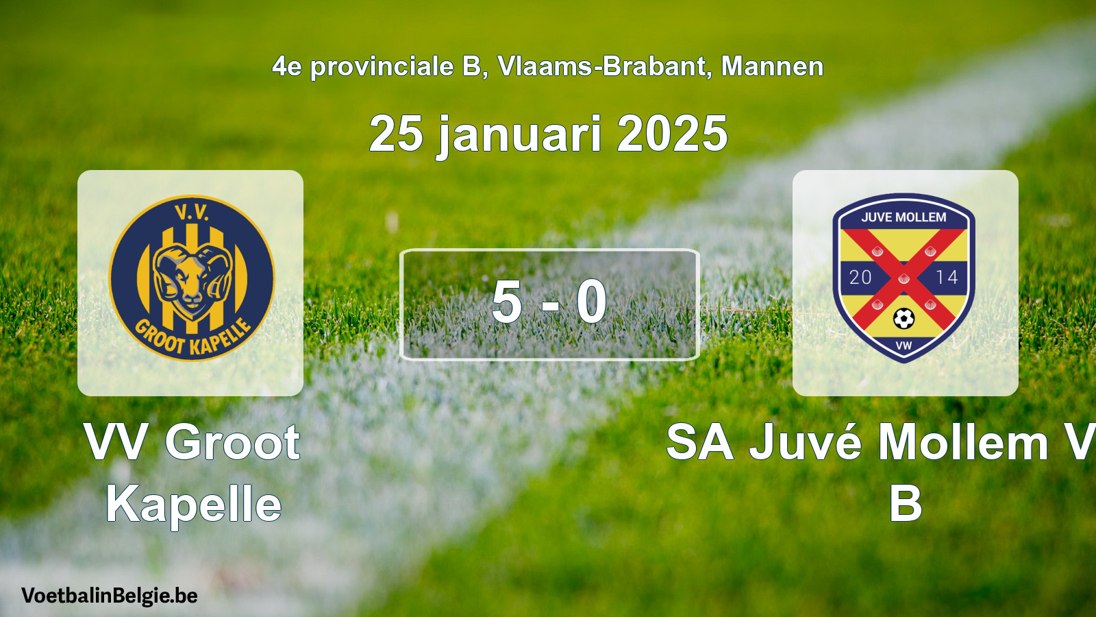 Gespeelde wedstrijd mannenvoetbal: VV Groot Kapelle - SA Juvé Mollem VW B 5 - 0 (25 januari 2025)