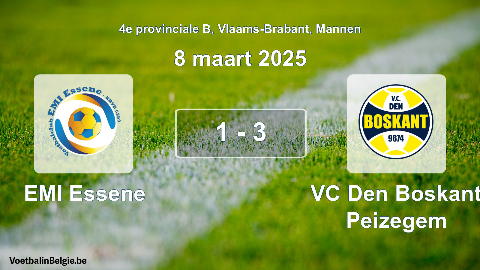 Gespeelde wedstrijd mannenvoetbal: EMI Essene - VC Den Boskant Peizegem 1 - 3 (8 maart 2025)