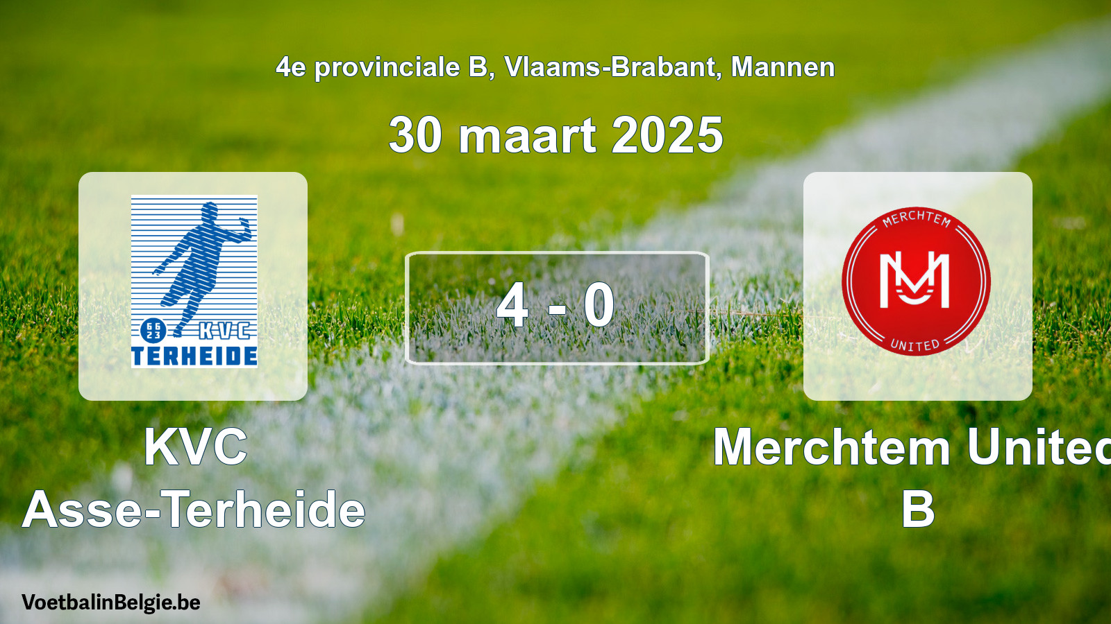 Gespeelde wedstrijd mannenvoetbal: KVC Asse-Terheide - Merchtem United B 4 - 0 (30 maart 2025)