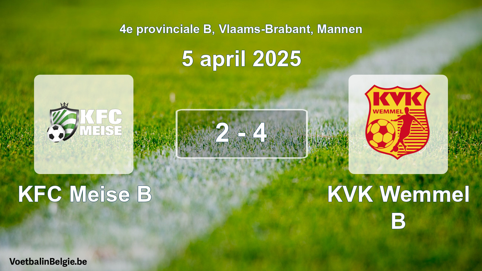 Gespeelde wedstrijd mannenvoetbal: KFC Meise B - KVK Wemmel B 2 - 4 (5 april 2025)