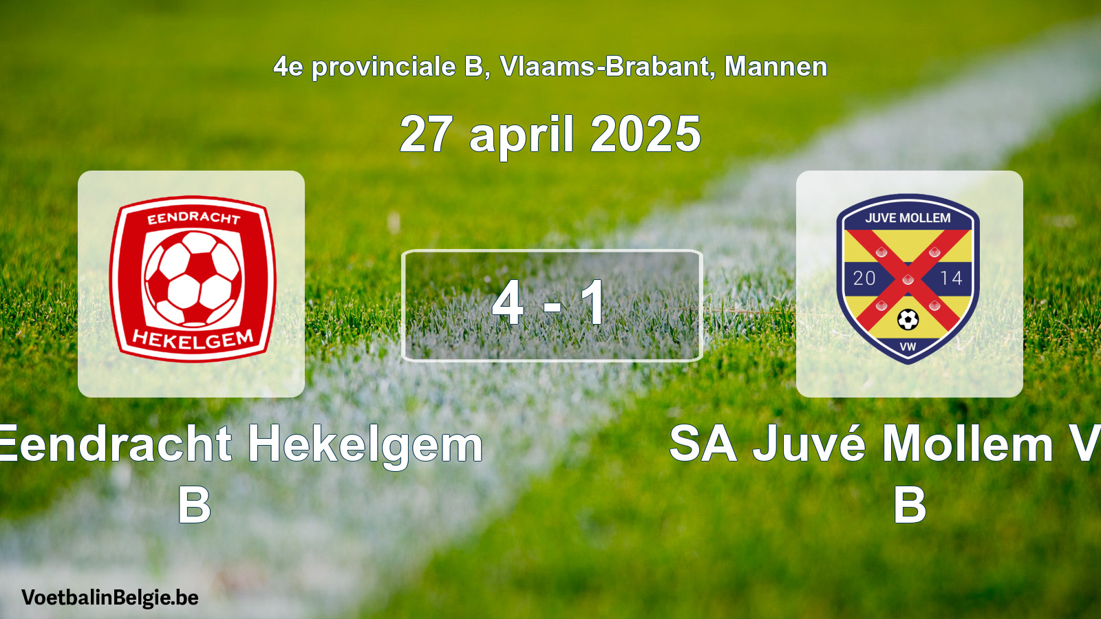 Gespeelde wedstrijd mannenvoetbal: FC Eendracht Hekelgem B - SA Juvé Mollem VW B 4 - 1 (27 april 2025)