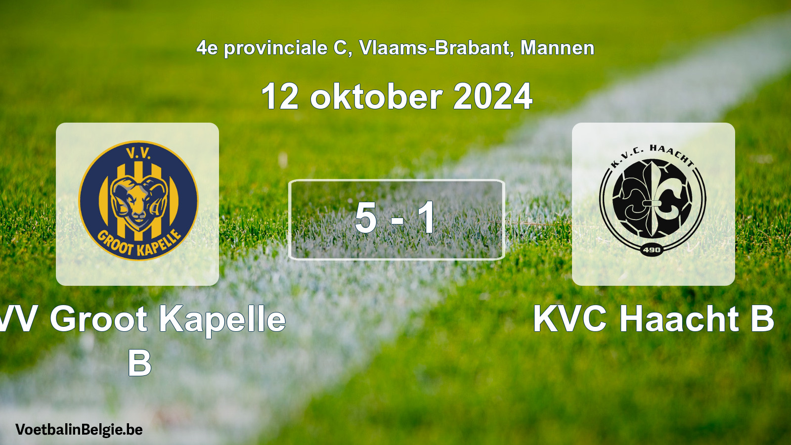 Gespeelde wedstrijd mannenvoetbal: VV Groot Kapelle B - KVC Haacht B 5 - 1 (12 oktober 2024)