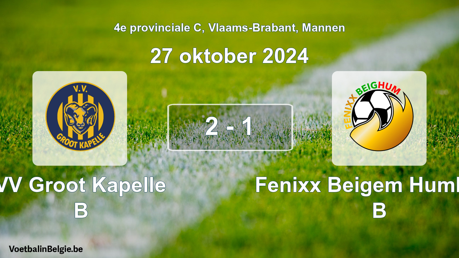 Gespeelde wedstrijd mannenvoetbal: VV Groot Kapelle B - Fenixx Beigem Humbeek B 2 - 1 (27 oktober 2024)