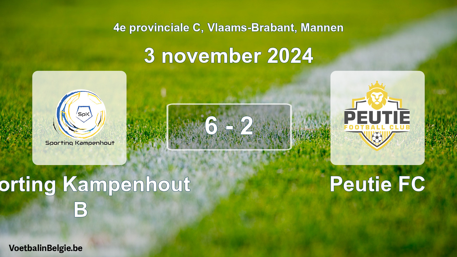 Gespeelde wedstrijd mannenvoetbal: Sporting Kampenhout B - Peutie FC 6 - 2 (3 november 2024)