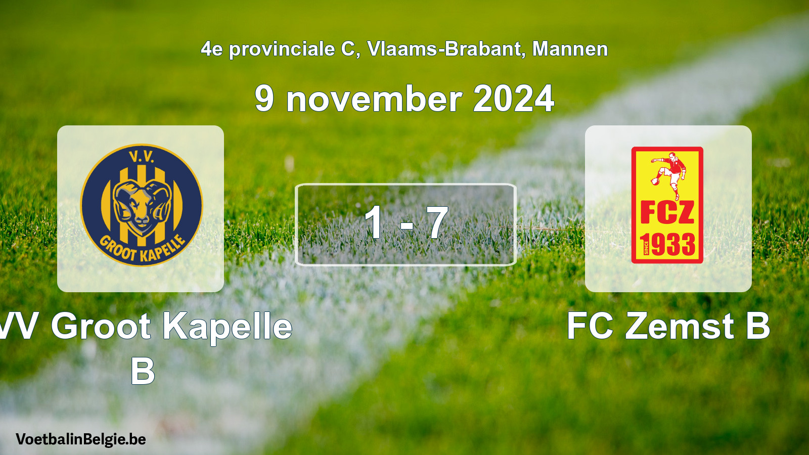 Gespeelde wedstrijd mannenvoetbal: VV Groot Kapelle B - FC Zemst B 1 - 7 (9 november 2024)