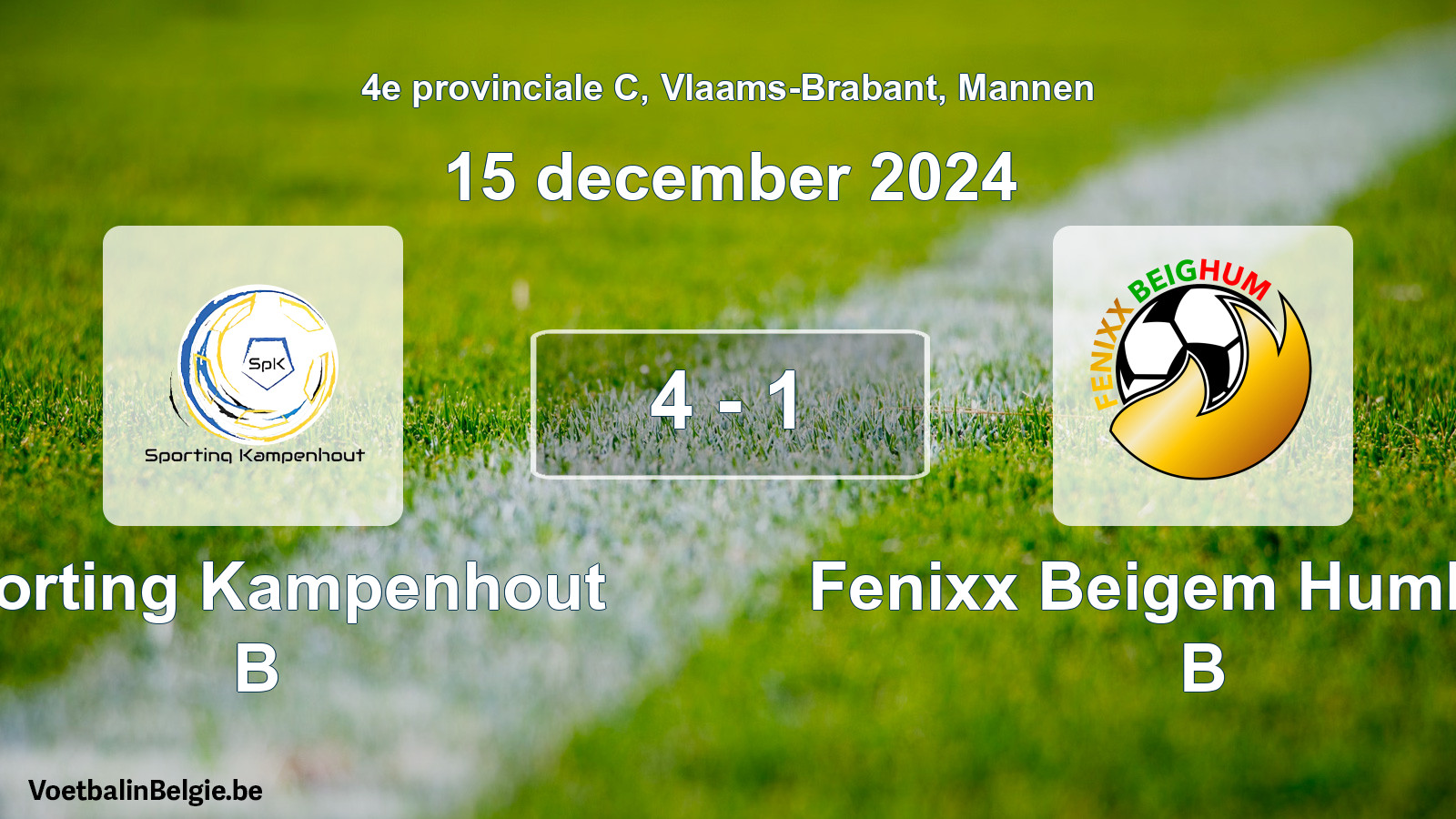 Gespeelde wedstrijd mannenvoetbal: Sporting Kampenhout B - Fenixx Beigem Humbeek B 4 - 1 (15 december 2024)