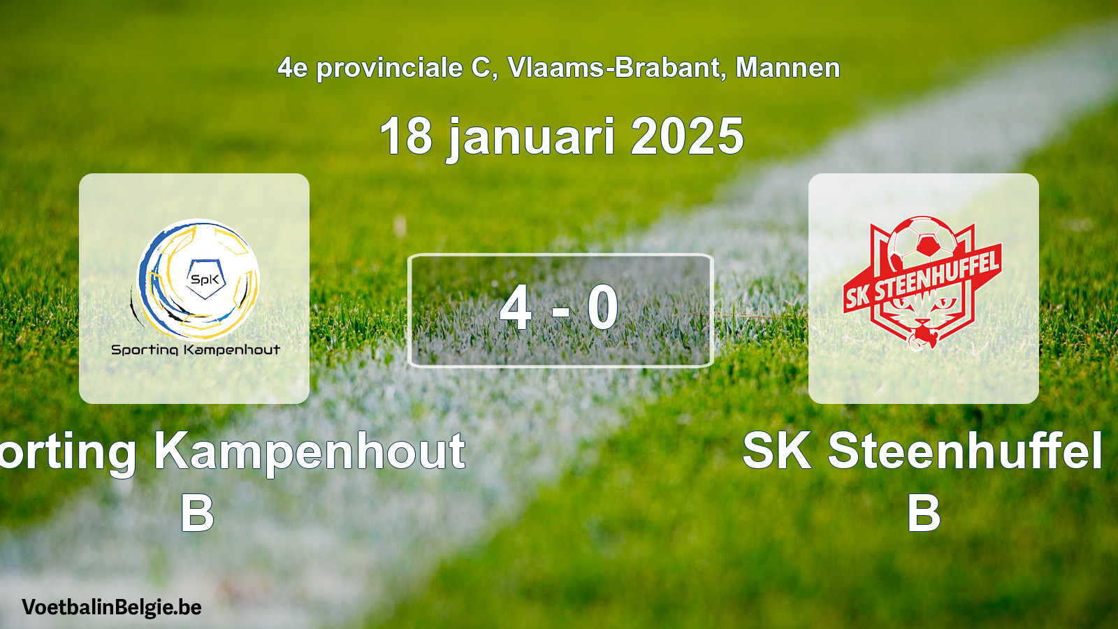 Gespeelde wedstrijd mannenvoetbal: Sporting Kampenhout B - SK Steenhuffel B 4 - 0 (18 januari 2025)