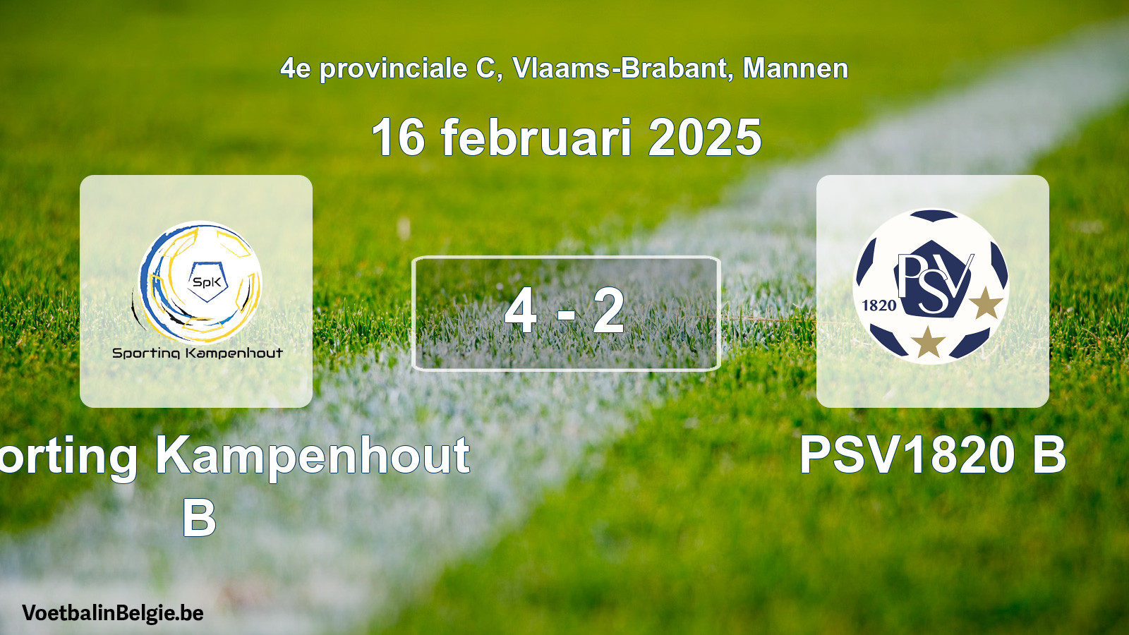 Gespeelde wedstrijd mannenvoetbal: Sporting Kampenhout B - PSV1820 B 4 - 2 (16 februari 2025)