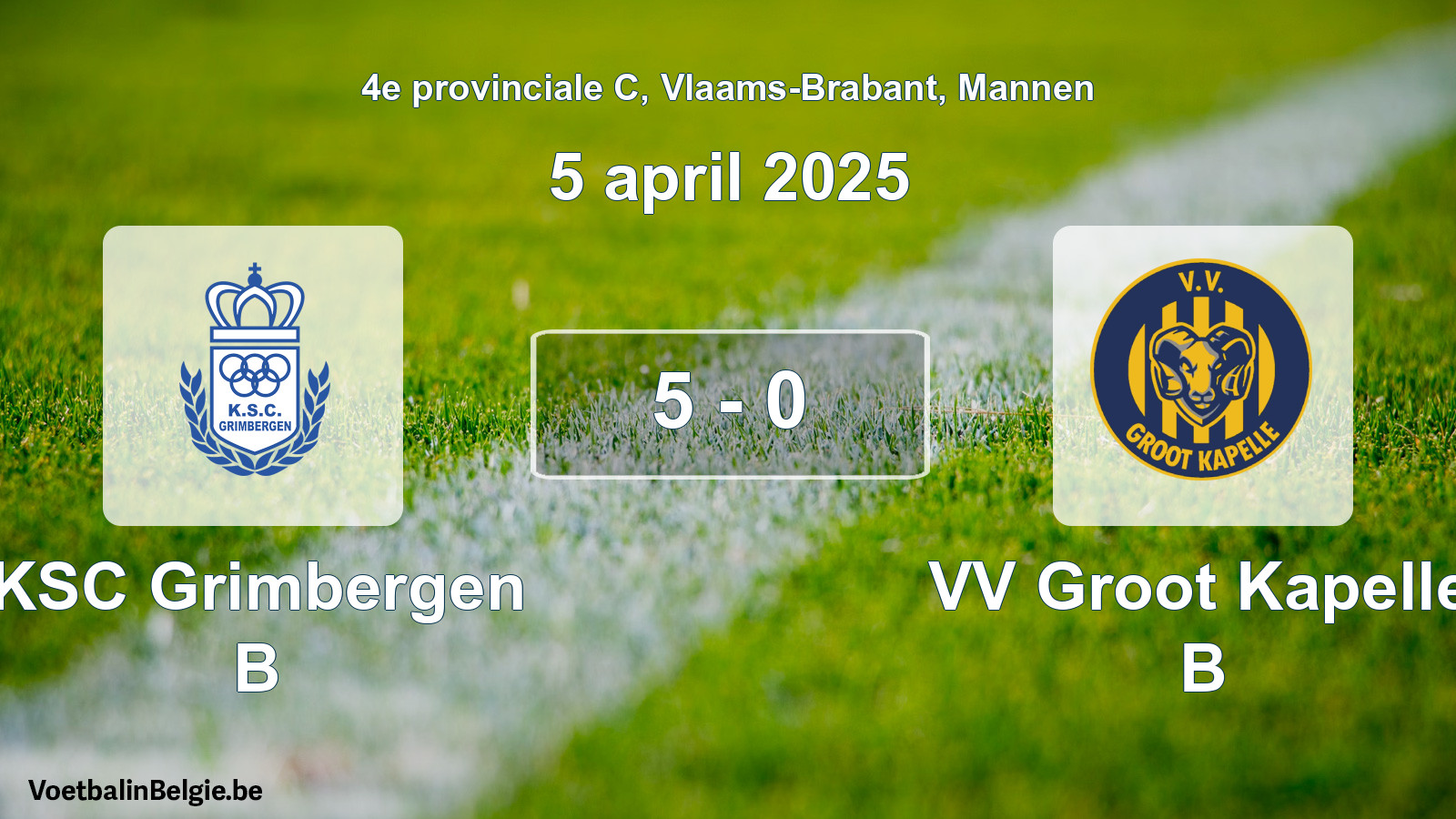 Gespeelde wedstrijd mannenvoetbal: KSC Grimbergen B - VV Groot Kapelle B 5 - 0 (5 april 2025)