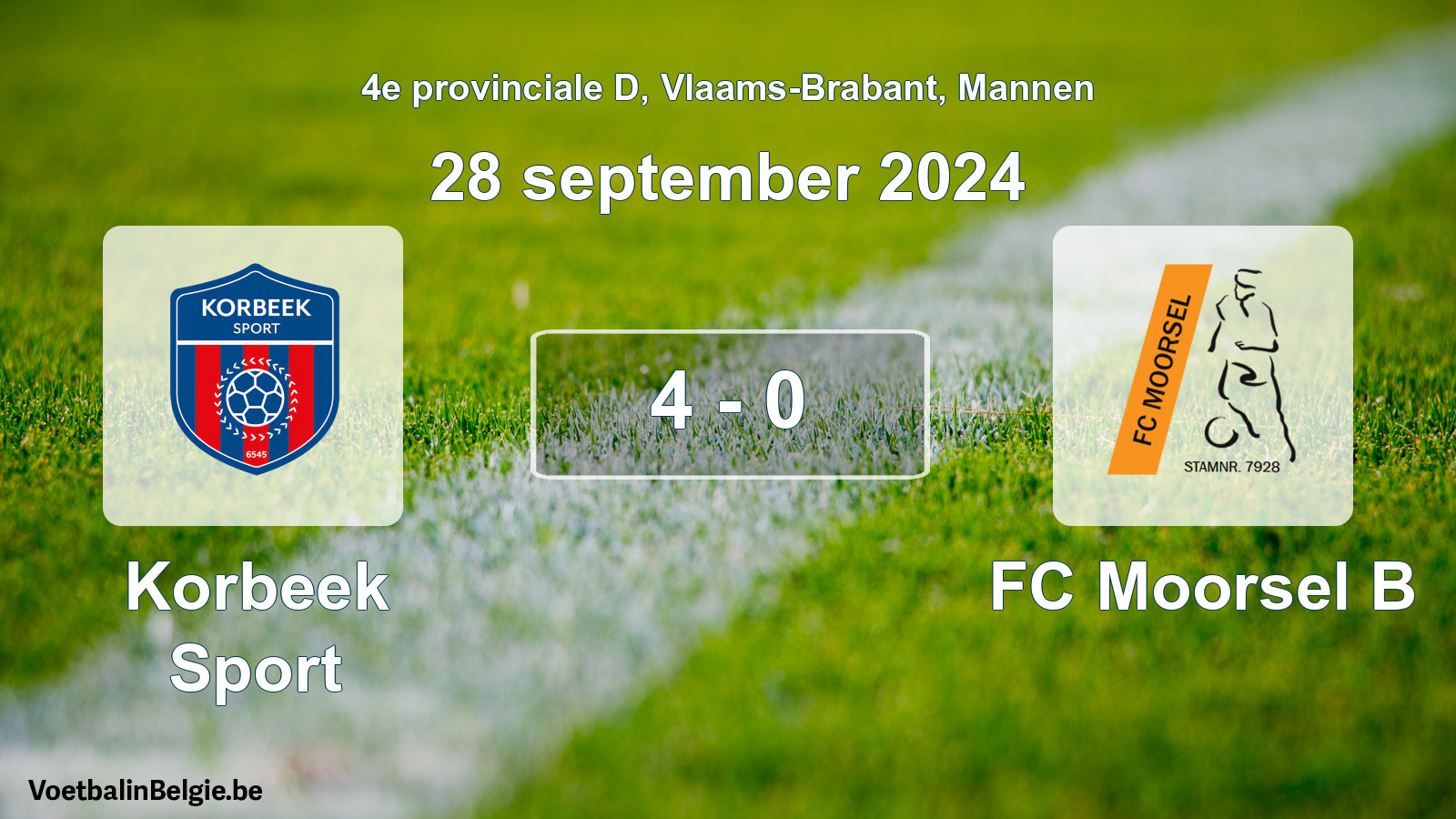 Gespeelde wedstrijd mannenvoetbal: Korbeek Sport - FC Moorsel B 4 - 0 (28 september 2024)