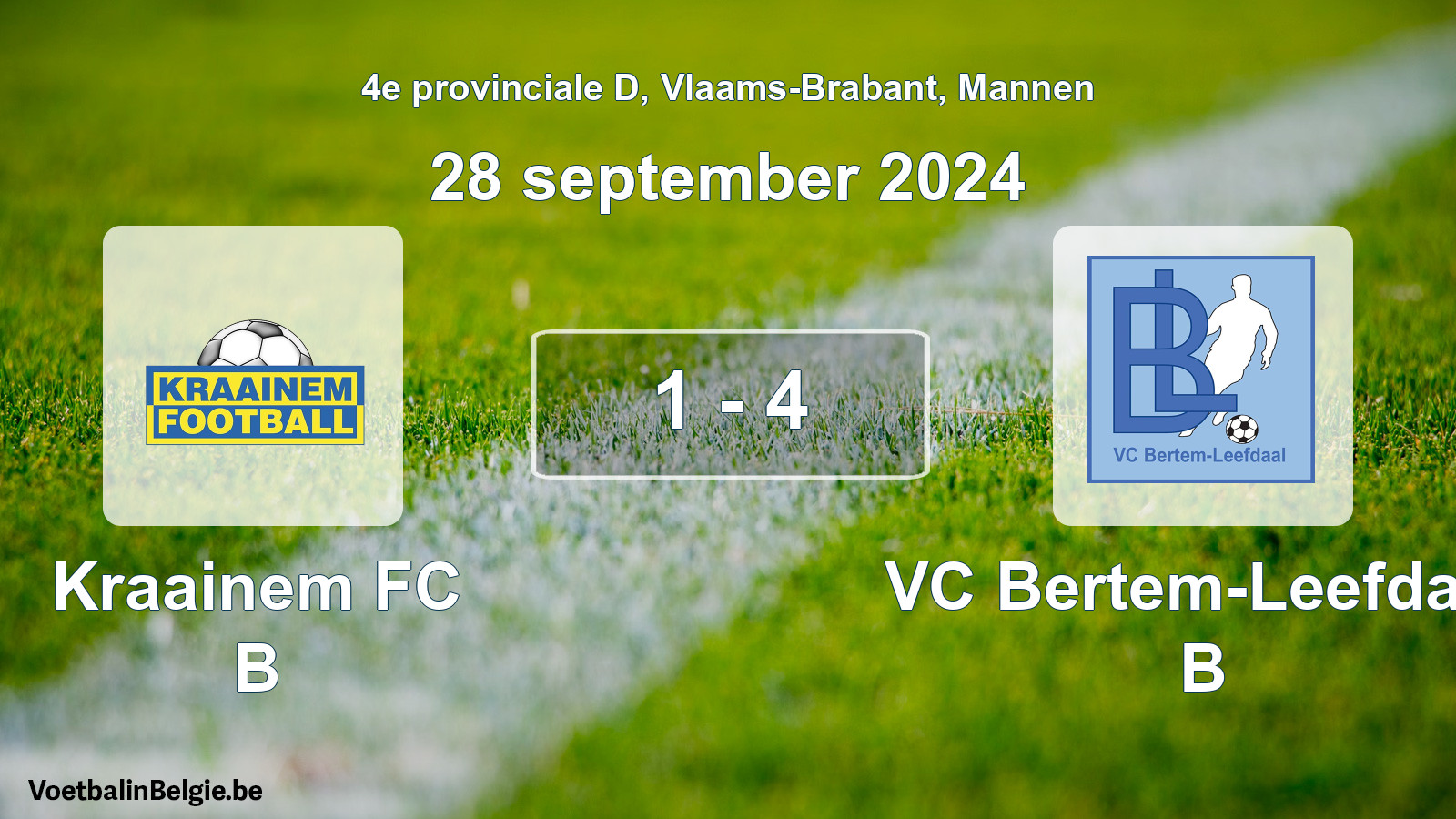 Gespeelde wedstrijd mannenvoetbal: Kraainem FC B - VC Bertem-Leefdaal B 1 - 4 (28 september 2024)