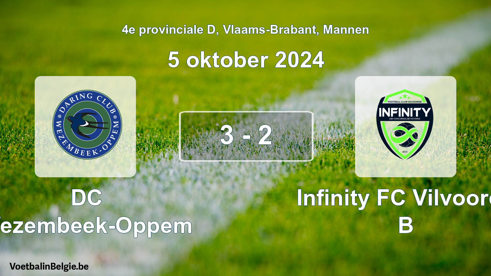 Gespeelde wedstrijd mannenvoetbal: DC Wezembeek-Oppem - Infinity FC Vilvoorde B 3 - 2 (5 oktober 2024)