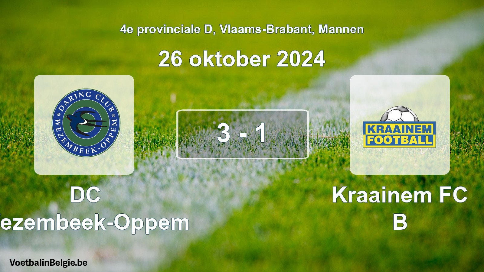 Gespeelde wedstrijd mannenvoetbal: DC Wezembeek-Oppem - Kraainem FC B 3 - 1 (26 oktober 2024)