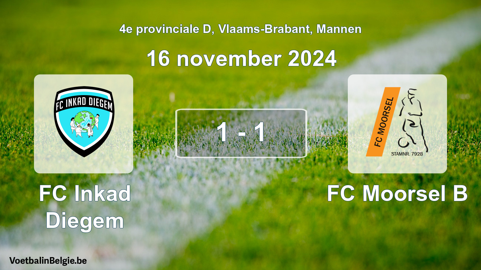Gespeelde wedstrijd mannenvoetbal: FC Inkad Diegem - FC Moorsel B 1 - 1 (16 november 2024)
