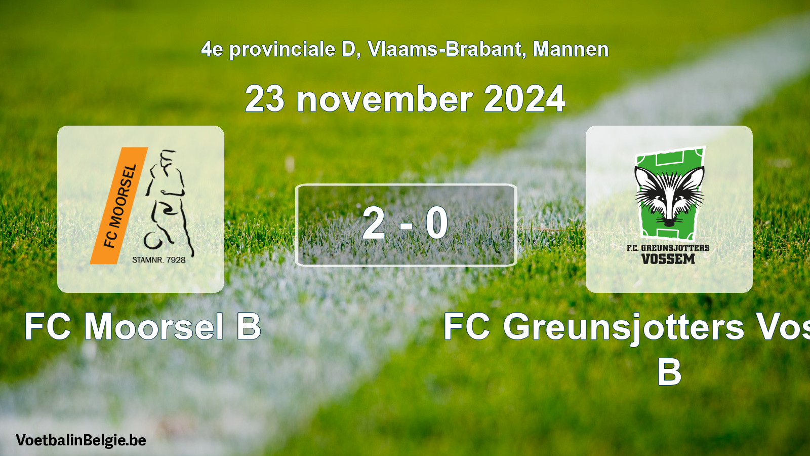 Gespeelde wedstrijd mannenvoetbal: FC Moorsel B - FC Greunsjotters Vossem B 2 - 0 (23 november 2024)