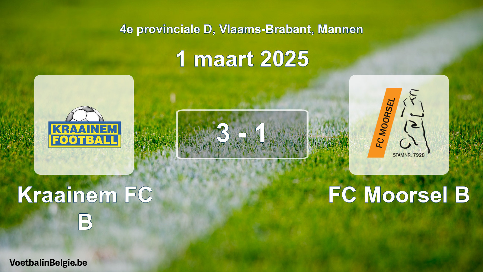 Gespeelde wedstrijd mannenvoetbal: Kraainem FC B - FC Moorsel B 3 - 1 (1 maart 2025)