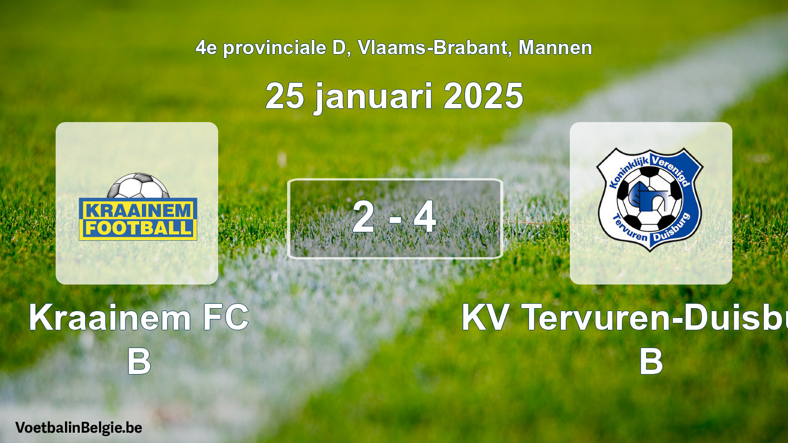 Gespeelde wedstrijd mannenvoetbal: Kraainem FC B - KV Tervuren-Duisburg B 2 - 4 (25 januari 2025)