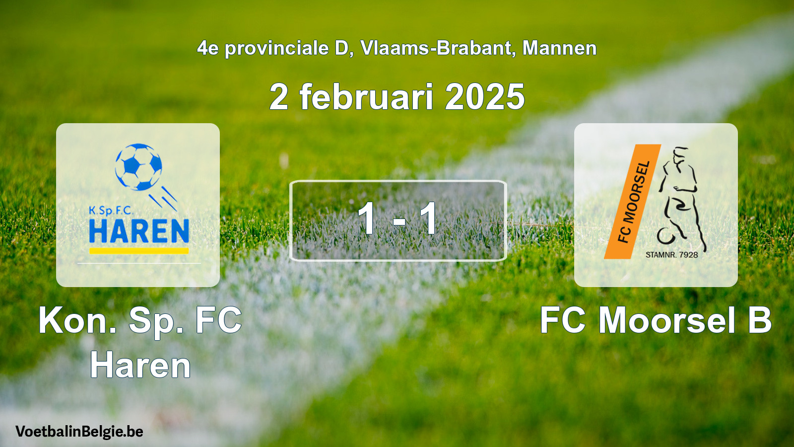 Gespeelde wedstrijd mannenvoetbal: Kon. Sp. FC Haren - FC Moorsel B 1 - 1 (2 februari 2025)