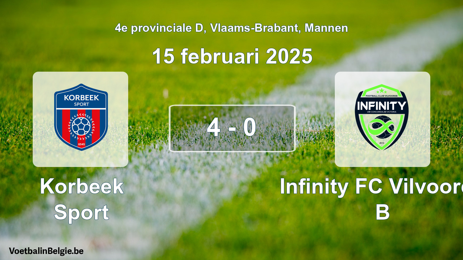 Gespeelde wedstrijd mannenvoetbal: Korbeek Sport - Infinity FC Vilvoorde B 4 - 0 (15 februari 2025)