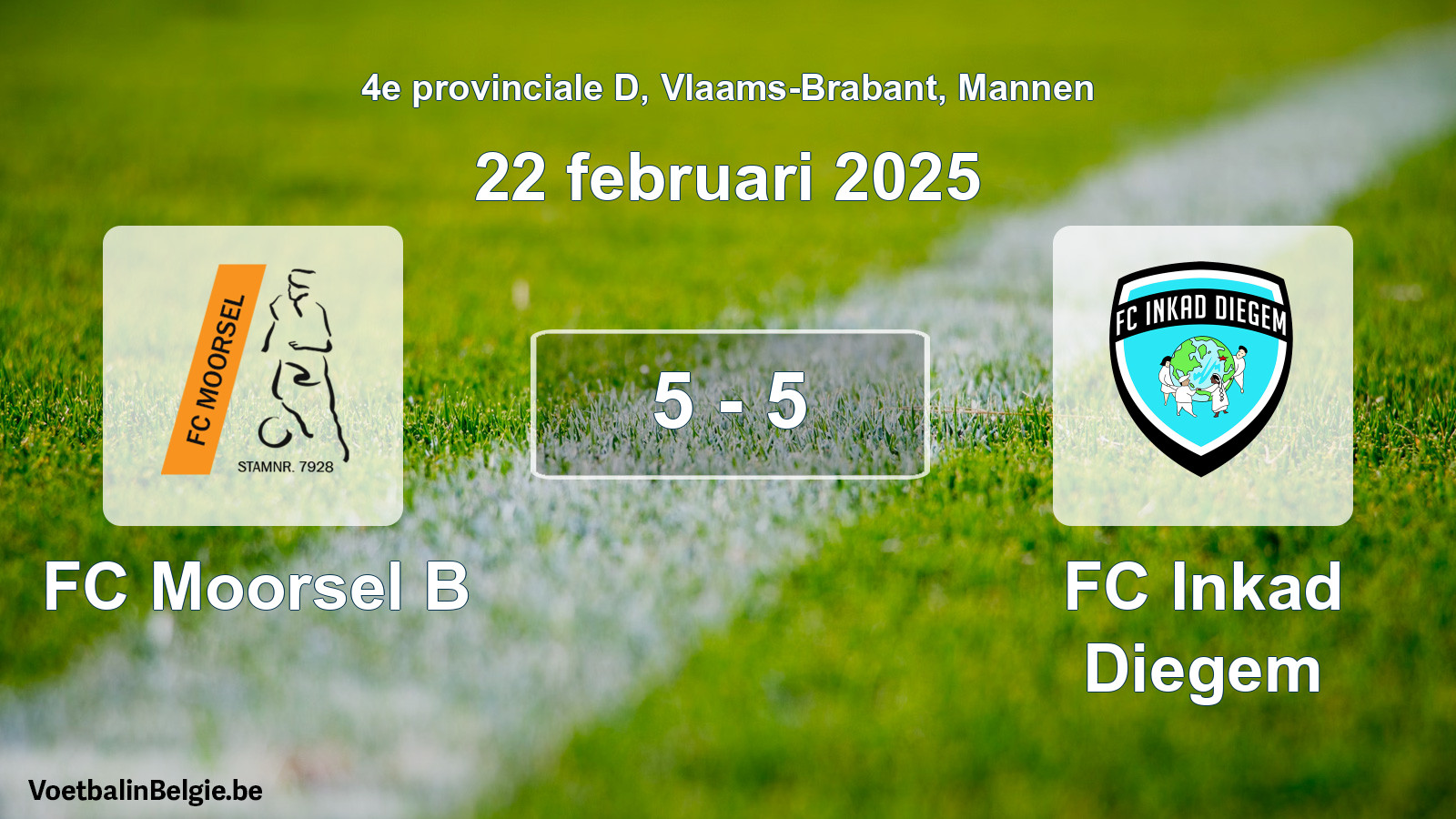 Gespeelde wedstrijd mannenvoetbal: FC Moorsel B - FC Inkad Diegem 5 - 5 (22 februari 2025)