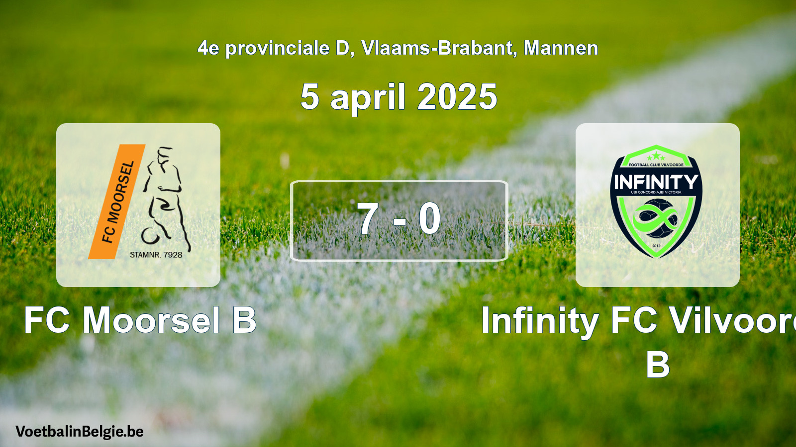 Gespeelde wedstrijd mannenvoetbal: FC Moorsel B - Infinity FC Vilvoorde B 7 - 0 (5 april 2025)