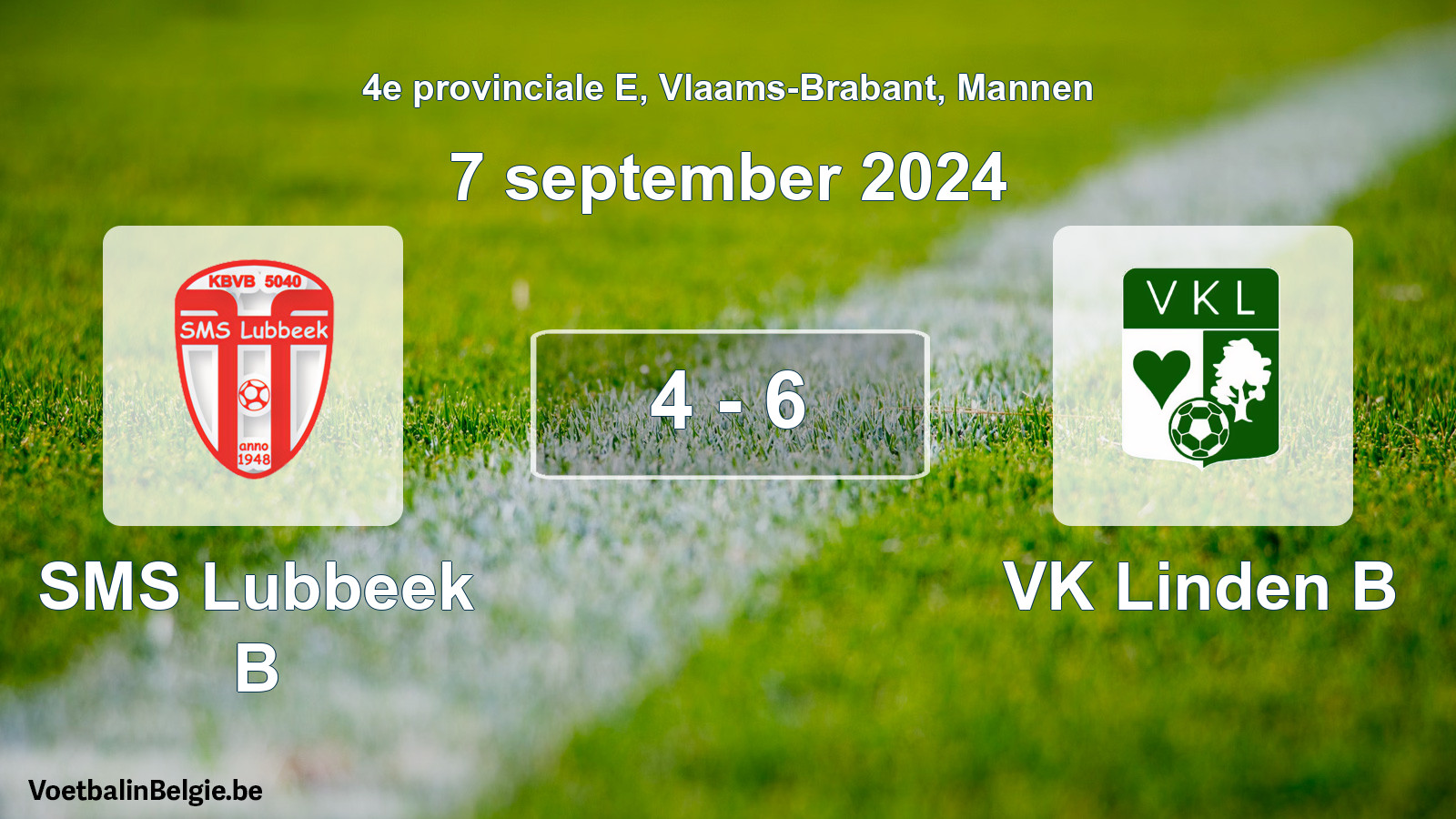 Gespeelde wedstrijd mannenvoetbal: SMS Lubbeek B - VK Linden B 4 - 6 (7 september 2024)