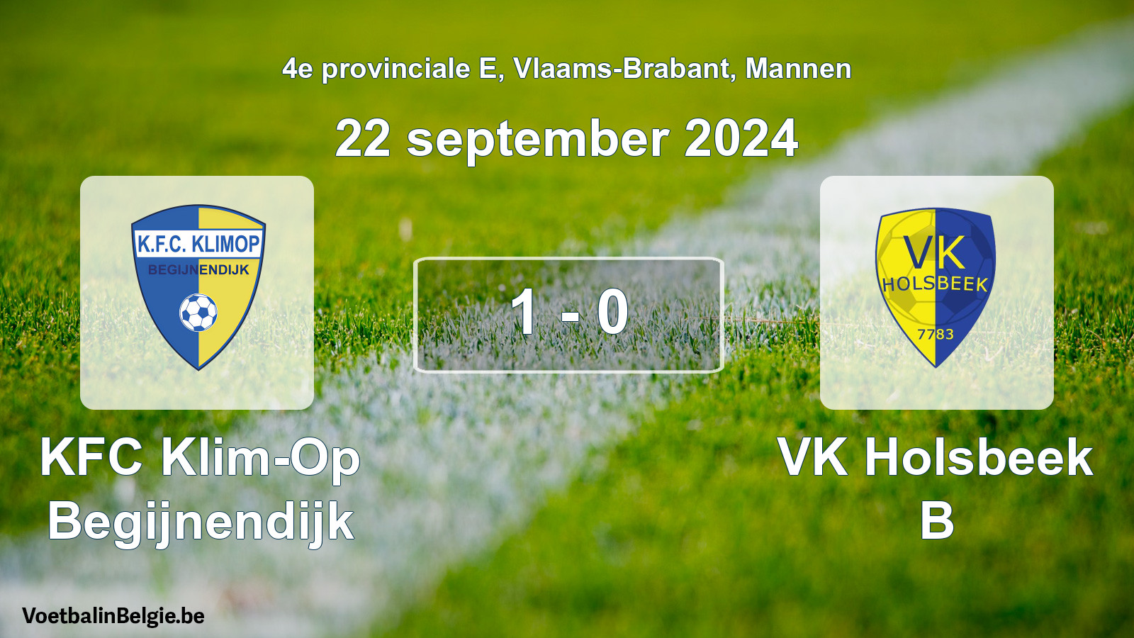 Gespeelde wedstrijd mannenvoetbal: KFC Klim-Op Begijnendijk - VK Holsbeek B 1 - 0 (22 september 2024)