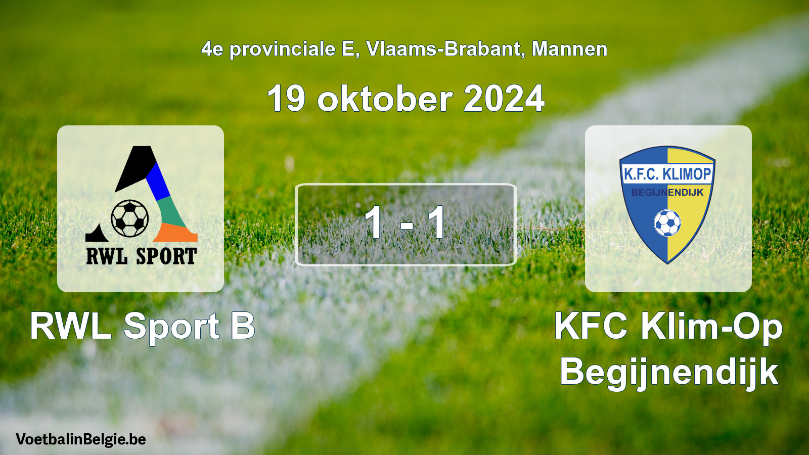 Gespeelde wedstrijd mannenvoetbal: RWL Sport B - KFC Klim-Op Begijnendijk 1 - 1 (19 oktober 2024)