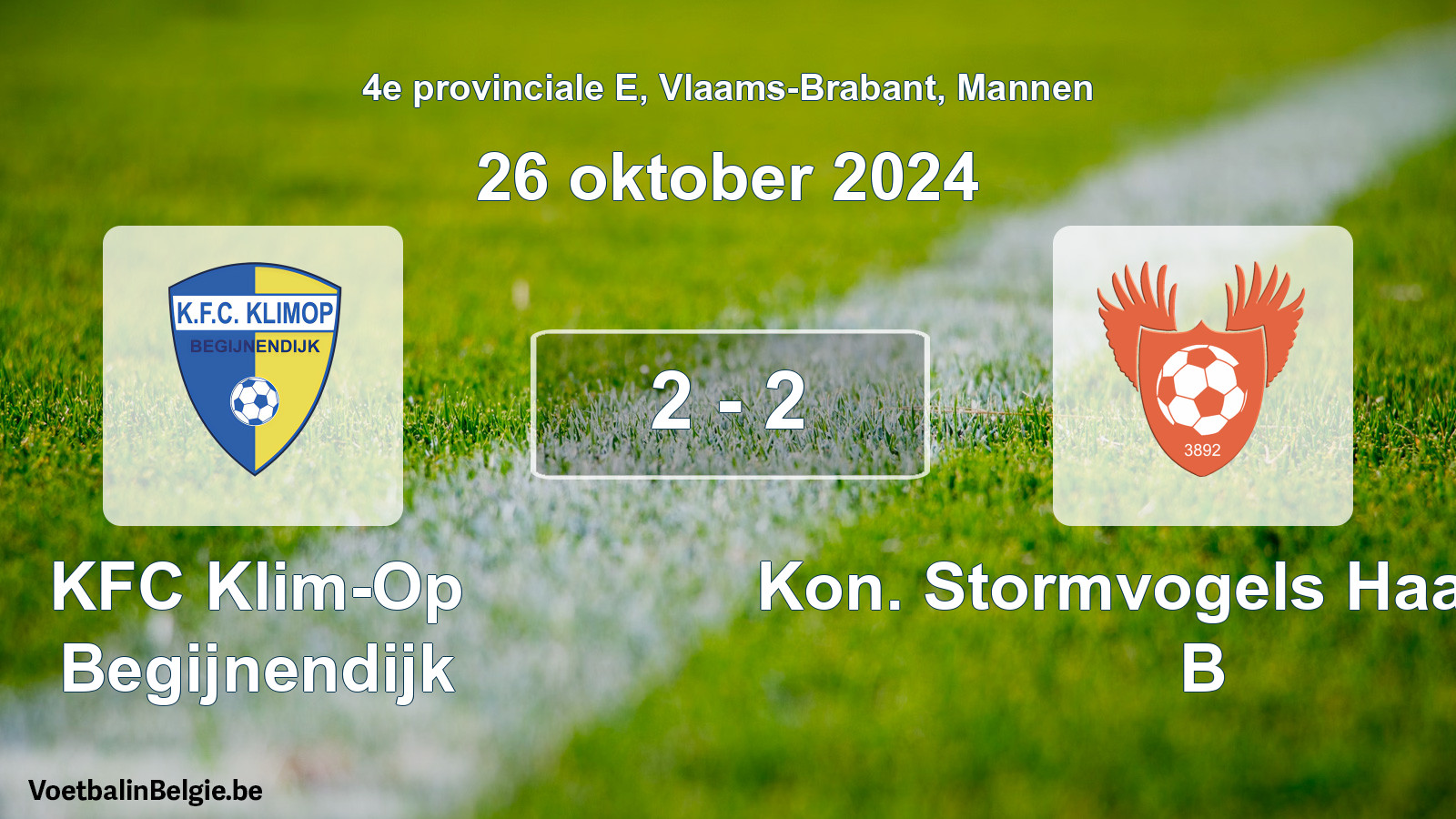Gespeelde wedstrijd mannenvoetbal: KFC Klim-Op Begijnendijk - Kon. Stormvogels Haasrode B 2 - 2 (26 oktober 2024)