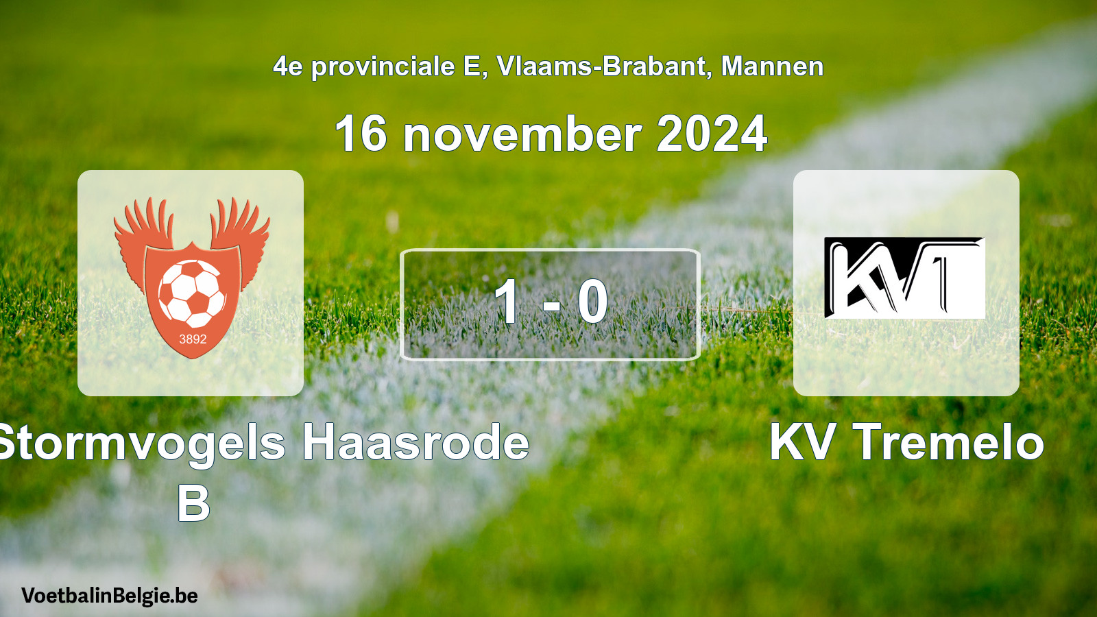 Gespeelde wedstrijd mannenvoetbal: Kon. Stormvogels Haasrode B - KV Tremelo 1 - 0 (16 november 2024)