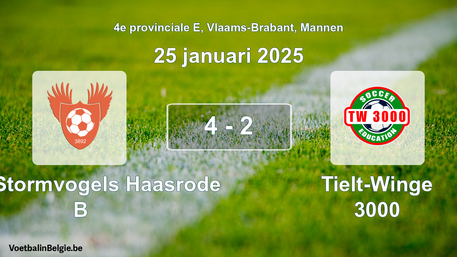 Gespeelde wedstrijd mannenvoetbal: Kon. Stormvogels Haasrode B - Tielt-Winge 3000 4 - 2 (25 januari 2025)