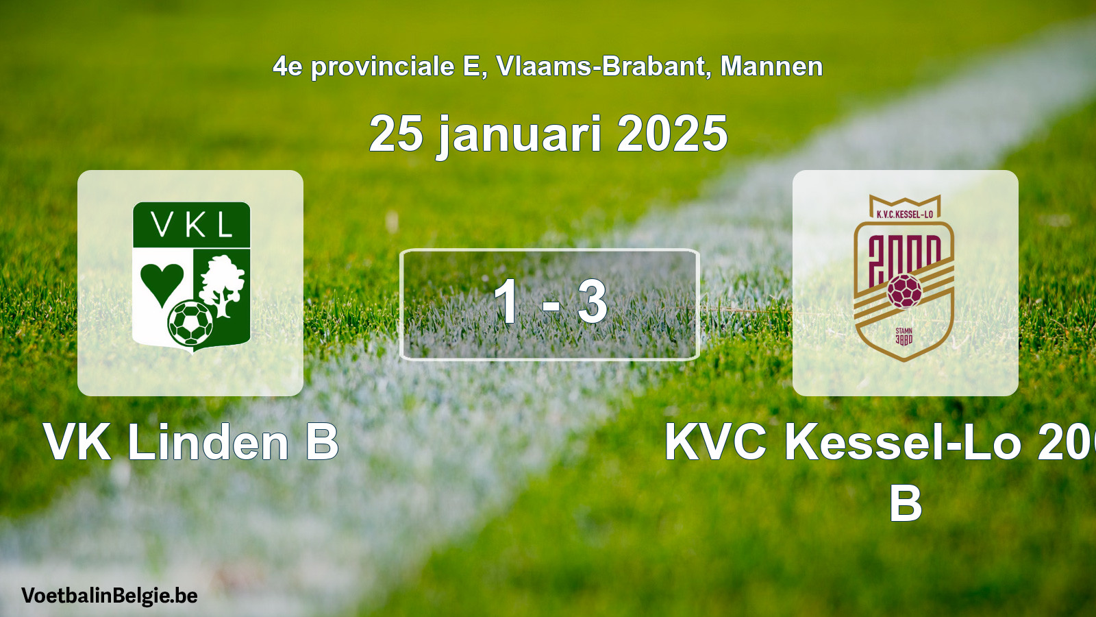 Gespeelde wedstrijd mannenvoetbal: VK Linden B - KVC Kessel-Lo 2000 B 1 - 3 (25 januari 2025)