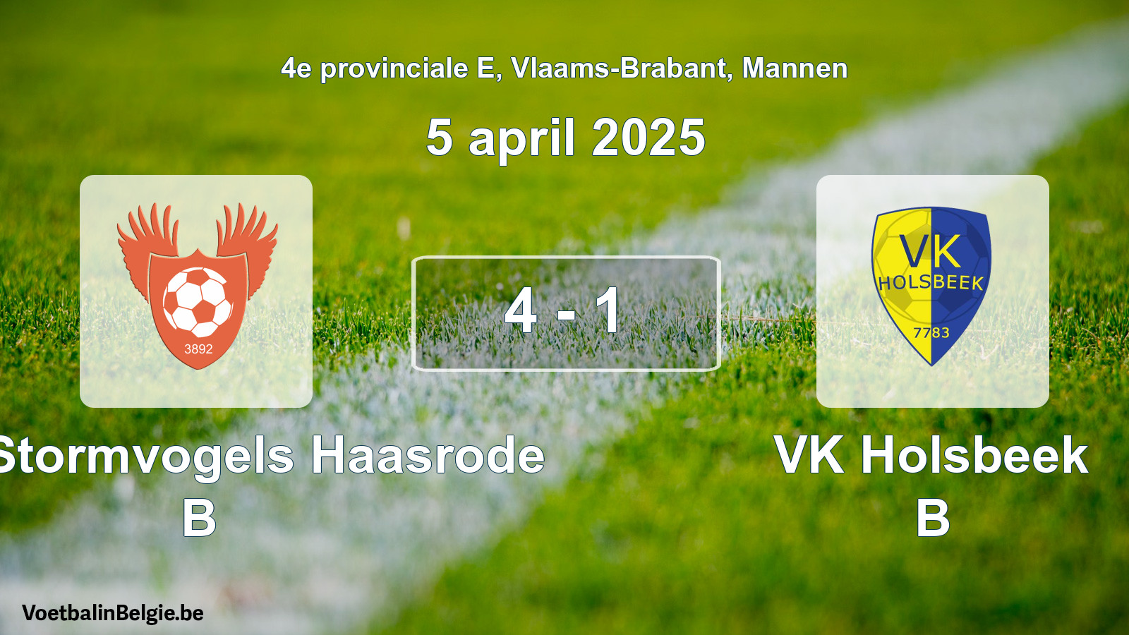 Gespeelde wedstrijd mannenvoetbal: Kon. Stormvogels Haasrode B - VK Holsbeek B 4 - 1 (5 april 2025)