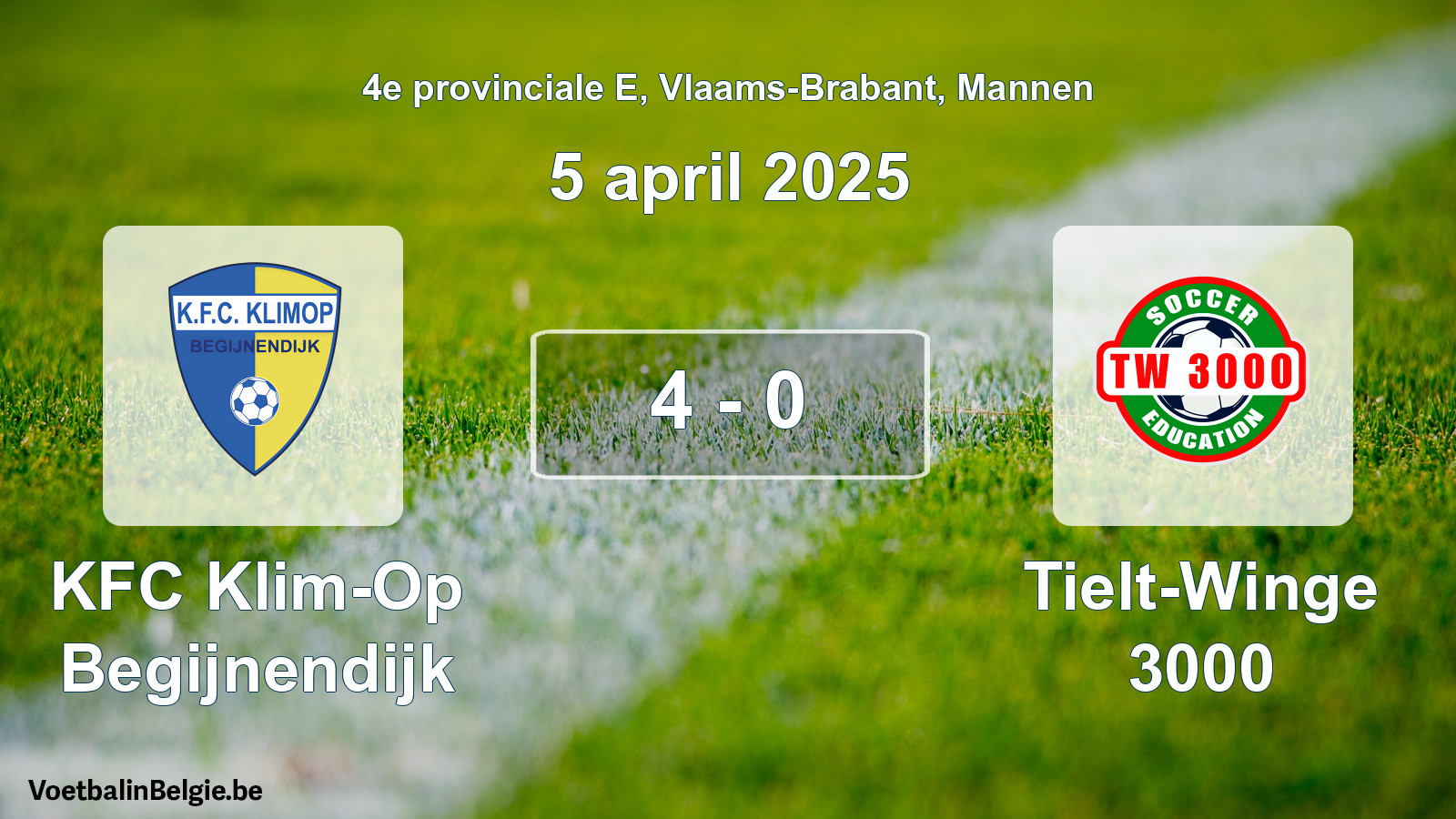 Gespeelde wedstrijd mannenvoetbal: KFC Klim-Op Begijnendijk - Tielt-Winge 3000 4 - 0 (5 april 2025)