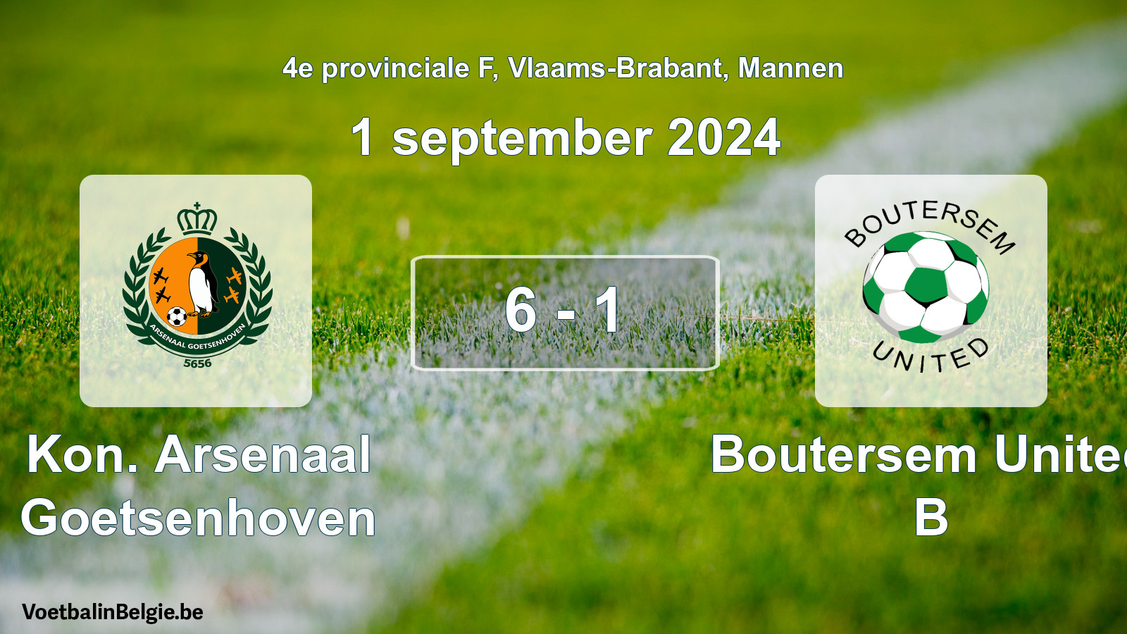 Gespeelde wedstrijd mannenvoetbal: Kon. Arsenaal Goetsenhoven - Boutersem United B 6 - 1 (1 september 2024)