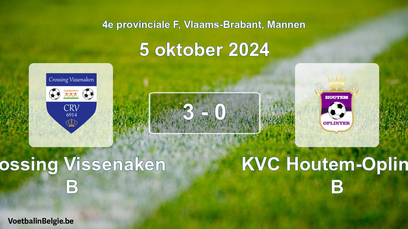 Gespeelde wedstrijd mannenvoetbal: Crossing Vissenaken B - KVC Houtem-Oplinter B 3 - 0 (5 oktober 2024)