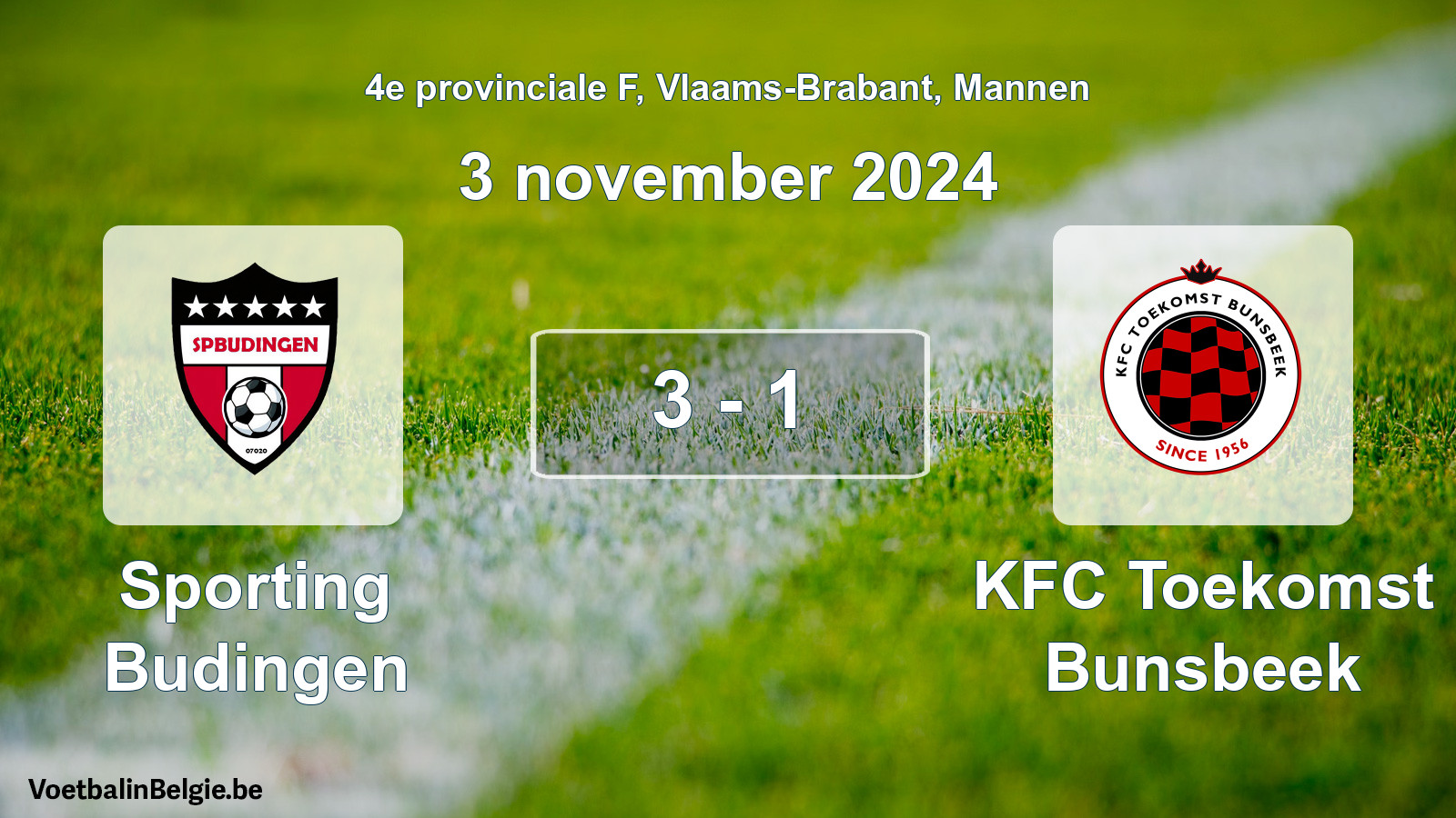 Gespeelde wedstrijd mannenvoetbal: Sporting Budingen - KFC Toekomst Bunsbeek 3 - 1 (3 november 2024)